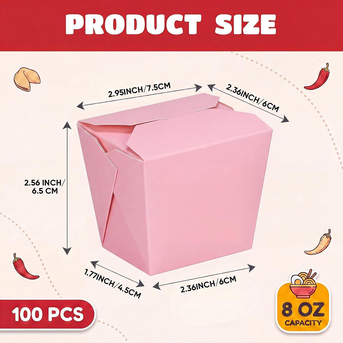 100 Pack 8 oz Chinese Take out Boxes Food Box, Pink