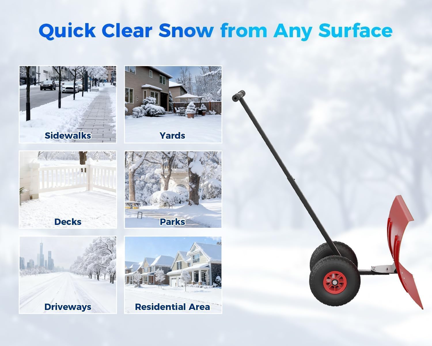 Heavy-Duty Snow Pusher with Wheels, 29" Snow Shovel Plow for Driveway, 5-Position Adjustable Handle, Lightweight Wide