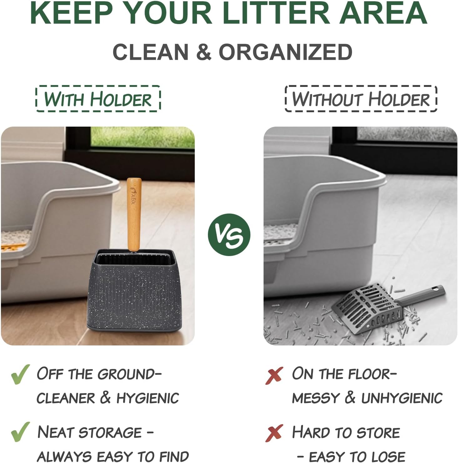 Cat Litter Scoop with Holder, Heavy Duty Litter Sifter, Stainless Steel Litter Shovel, Litter Scooper with Beech Wood