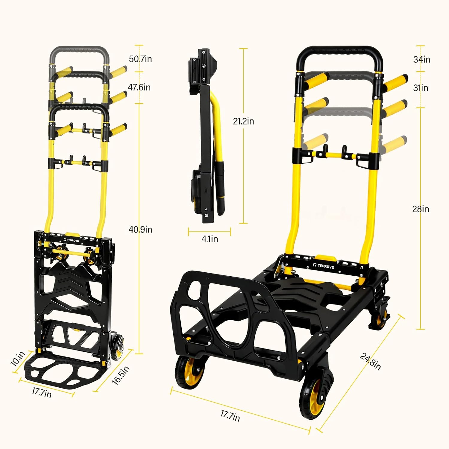 Folding Hand Truck Dolly, 330 lbs Heavy Duty Convertible 2-in-1 Dolly Cart with 3-Level Adjustable Handle, 360°