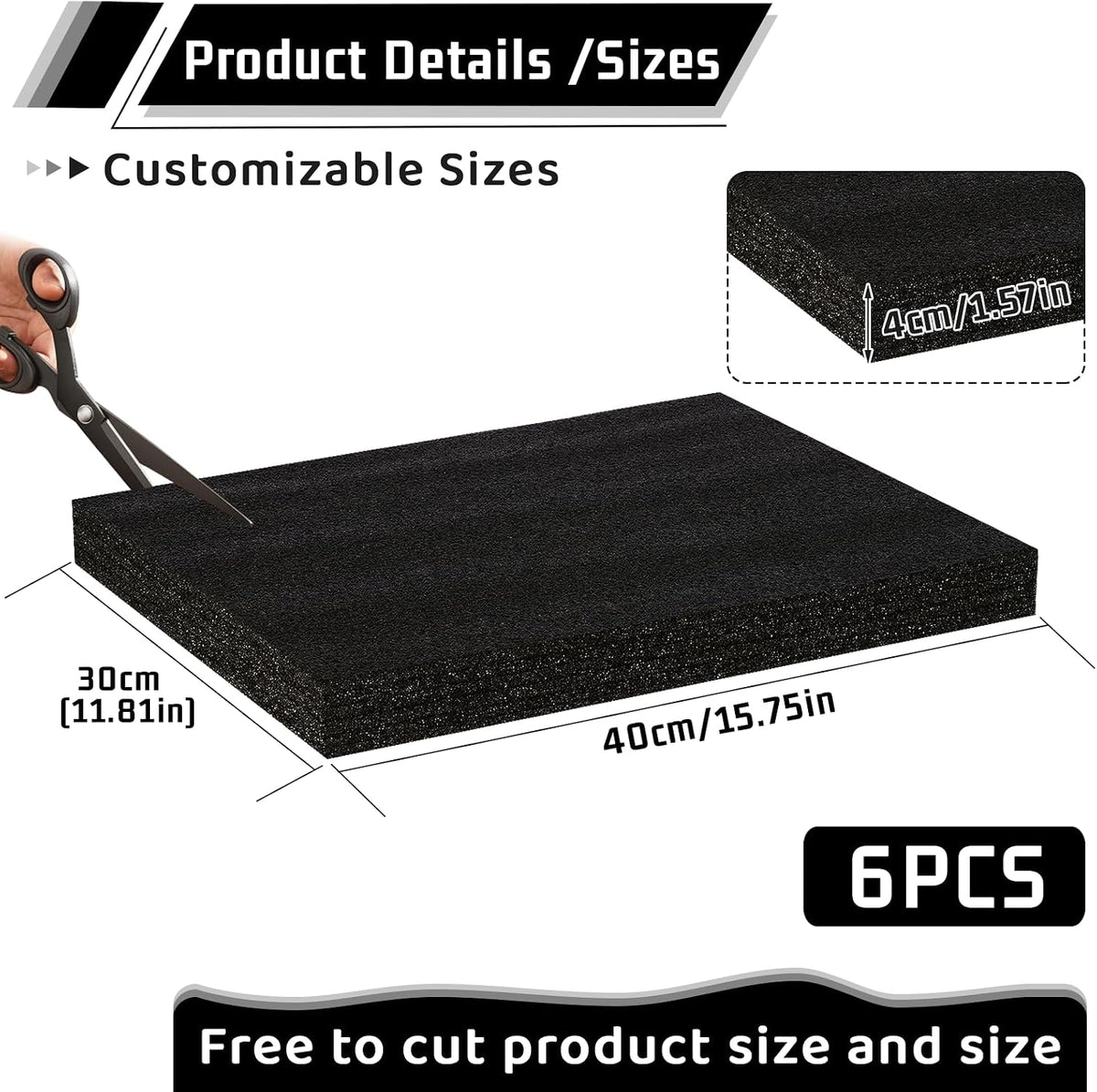 Black High Density Foam Insert Board 16'' x 12'' x 1.5'' for Case, 6pcs