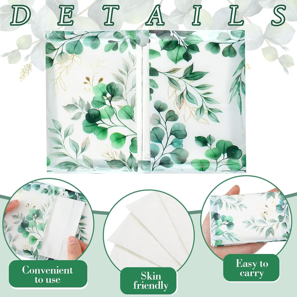 50 Pack Travel Tissue Packets Facial Paper Napkins, Eucalyptus Leaf