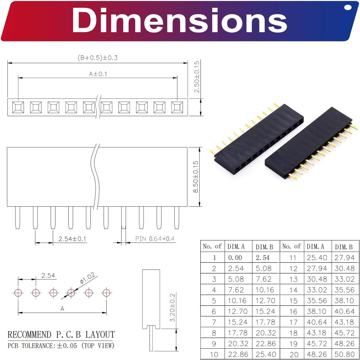 2.54mm Female Pin Headers Kit, 2-12P, 80pcs, Black, Plastic, PCB Mount, Plug-In