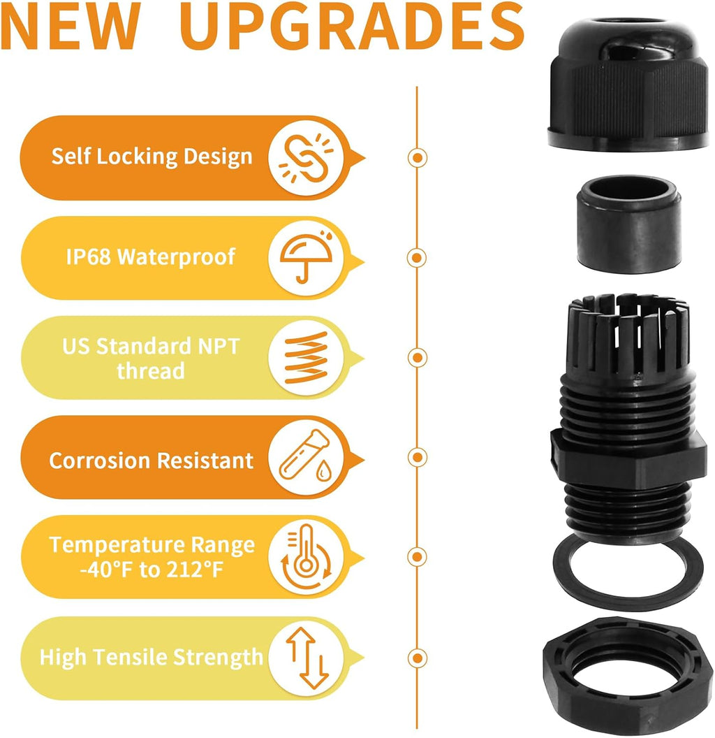 Cable Gland Waterproof, 20Pcs Nylon NPT Cable Gland Kit, Black
