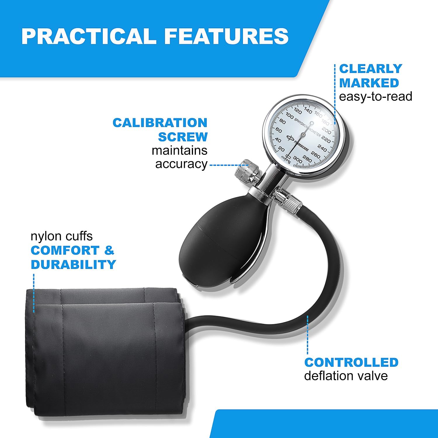 DS-9185 Aneroid Sphygmomanometer and Blood Pressure Cuff Set with Portable Case, 5 Sized Nylon Cuffs with Deflation