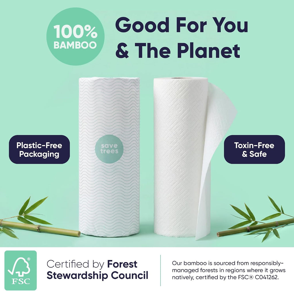 Bamboo Paper Towels 40pk - Ultra Absorbent & Durable Eco-Friendly Paper Towels - FSC-Certified, Chlorine-Free