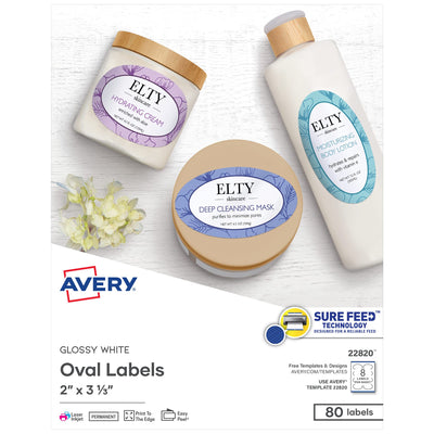 Printable Oval Labels, 2" x 3-1/3", Glossy White, Laser & Inkjet Compatible, 80 Blank Labels Total, Great for