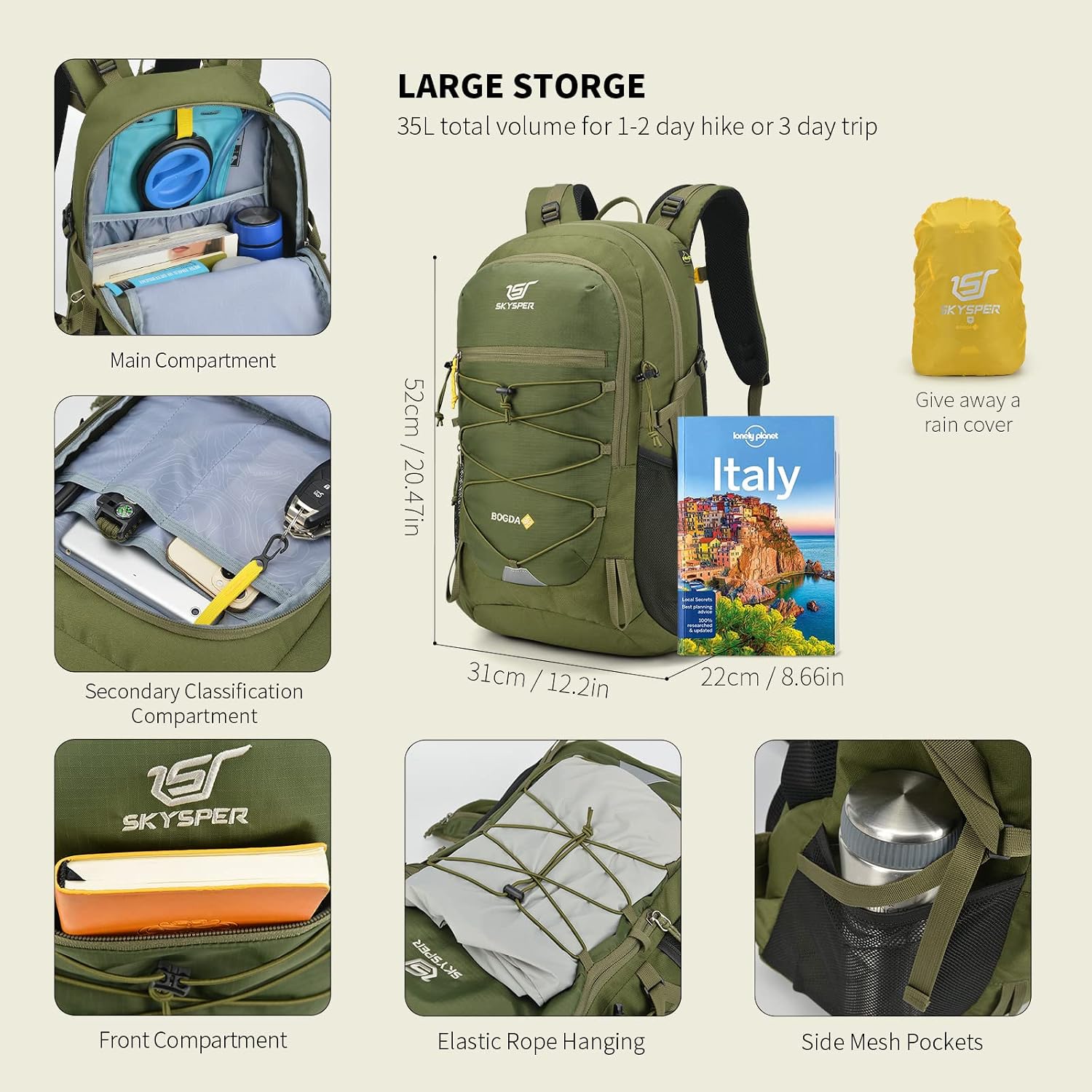 Hiking Backpack for Men Women, 35L Lightweight Travel Daypack, Outdoor Camping Back Pack with Multiple Compartments