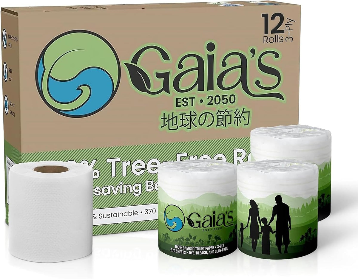 Gaias Premium and Soft Organic Bamboo Toilet Paper | 12 Mega Rolls, 3 Ply, 370 Sheets | FSC Certified, PFAS & BPA