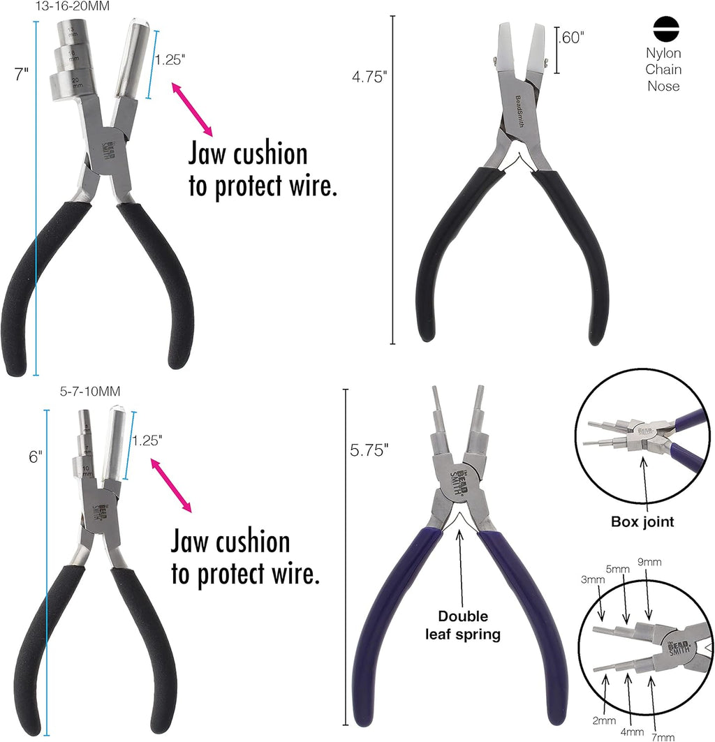 Wire Working Combo, 4-Piece Jewelry Making Set | 3 Different Wire Wrapping Pliers and Double Nylon Jaw Chain Nose