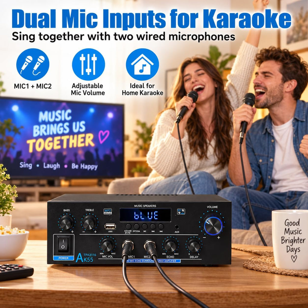 AK55 Stereo Amplifier Home Audio, Bluetooth 5.0 Max 600W Power Stereo Receivers 2.0 Channel Audio Amplifier for