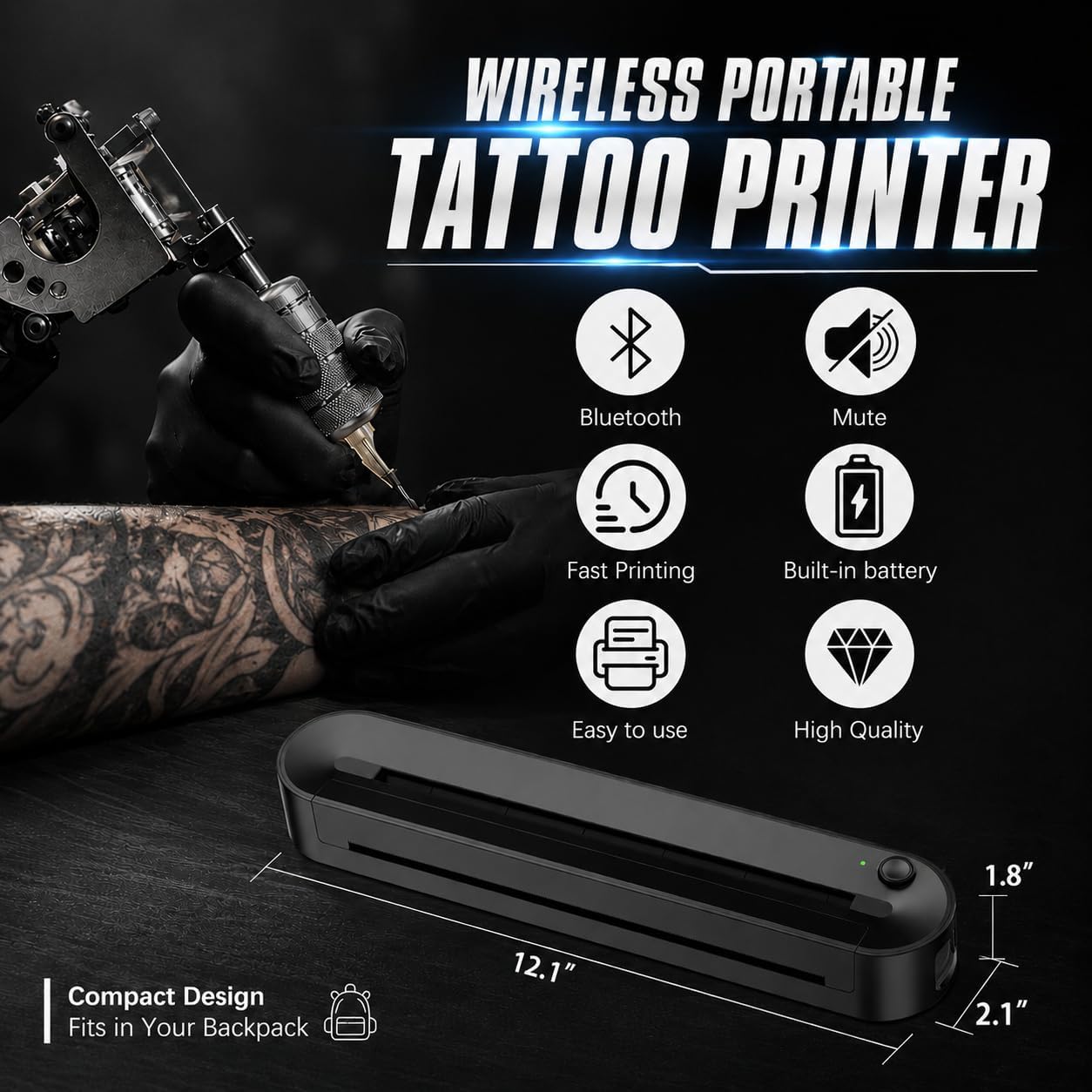 Tattoo Stencil Printer, Bluetooth Stencil Printer, Support Custom Print Sizes A4-A10, Wireless Tattoo Machine with 10