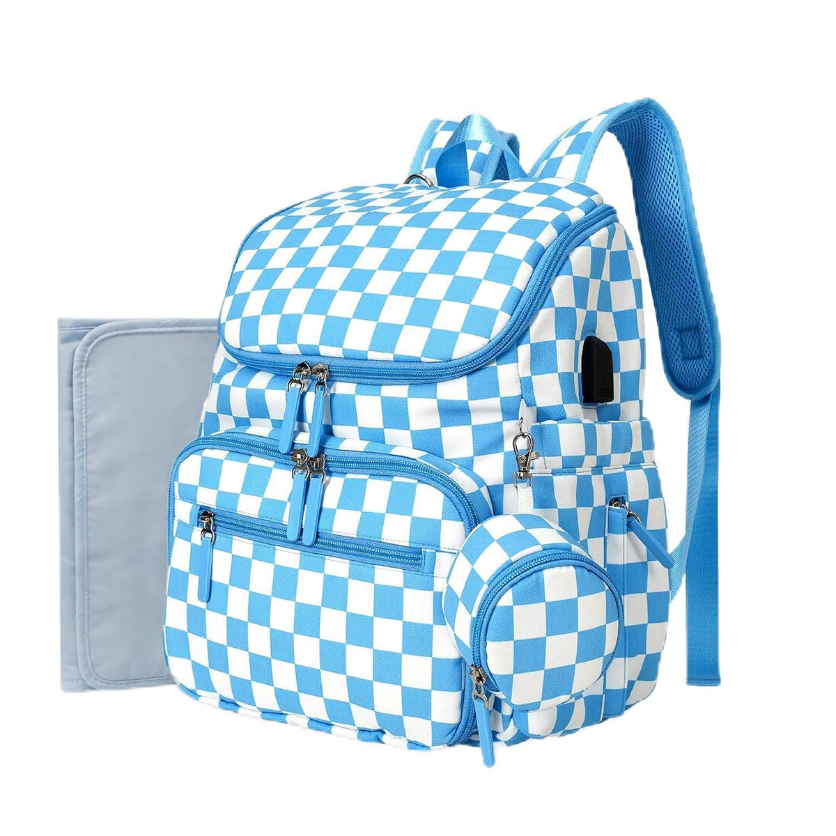 Checkered Diaper Bag Backpack with Changing Pad & Stroller Clips