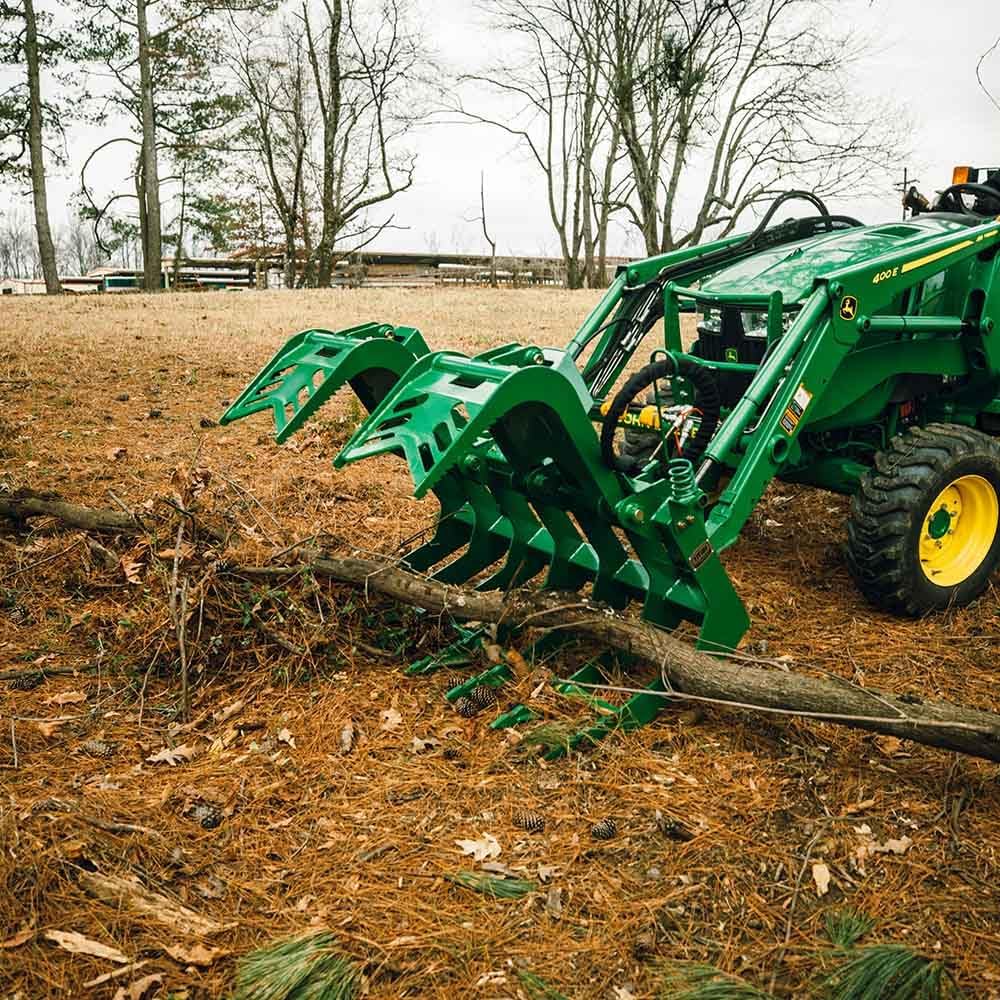 Grade 50 Standard Series Root Grapple Bucket Fits John Deere Hook and Pin, Dual Cylinder Hydraulic Design for