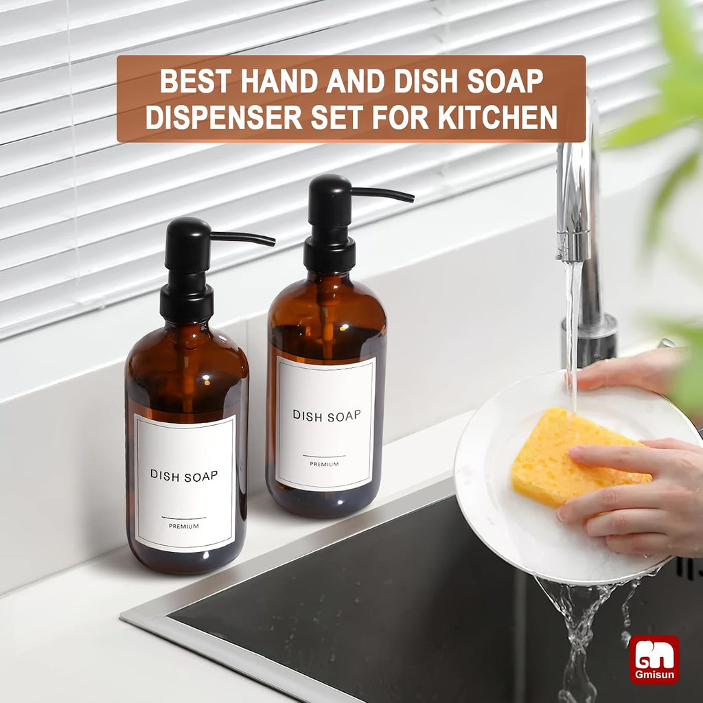 Amber Glass Soap Dispenser, 4 Pack Bathroom Hand Soap Dispensers with Stainless Steel Pump, 17 Fl Oz Kitchen Hand and