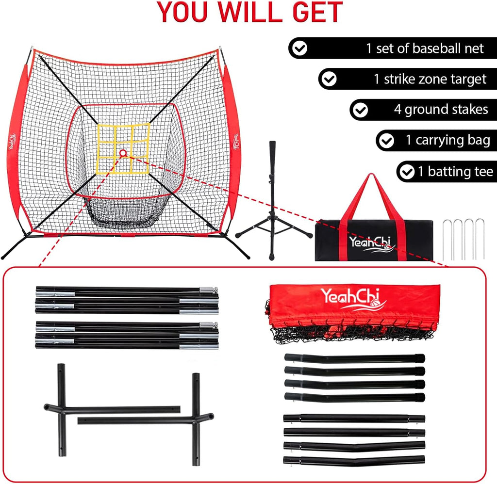 7x7 Ft Baseball and Softball Training Net with Batting Tee, Strike Zone Target, Portable Hitting and Pitching