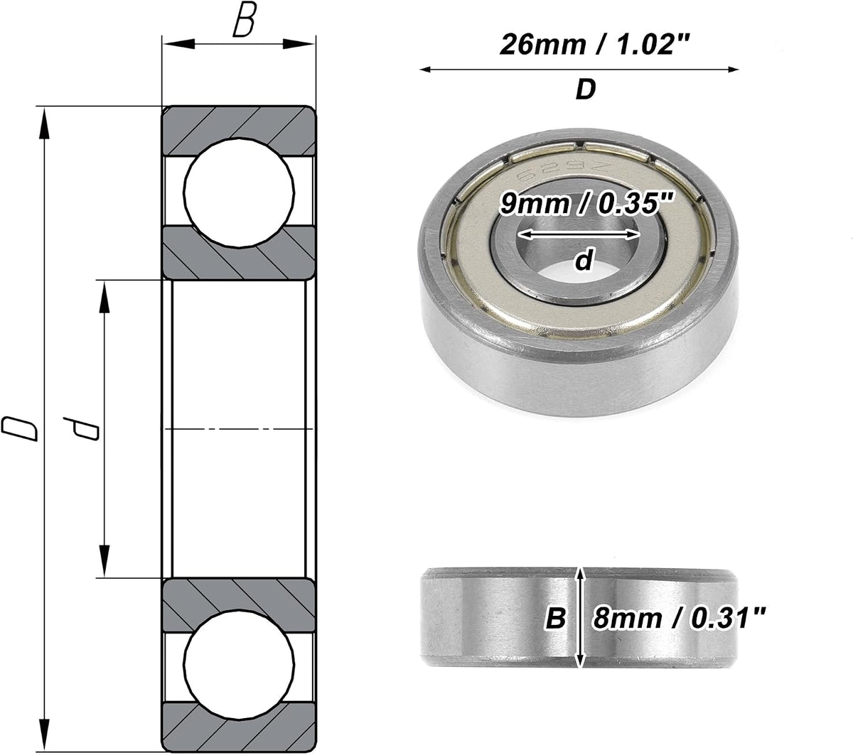 ACROPIX 629ZZ Deep Groove Ball Bearings Double Metal Seal 9x26x8mm