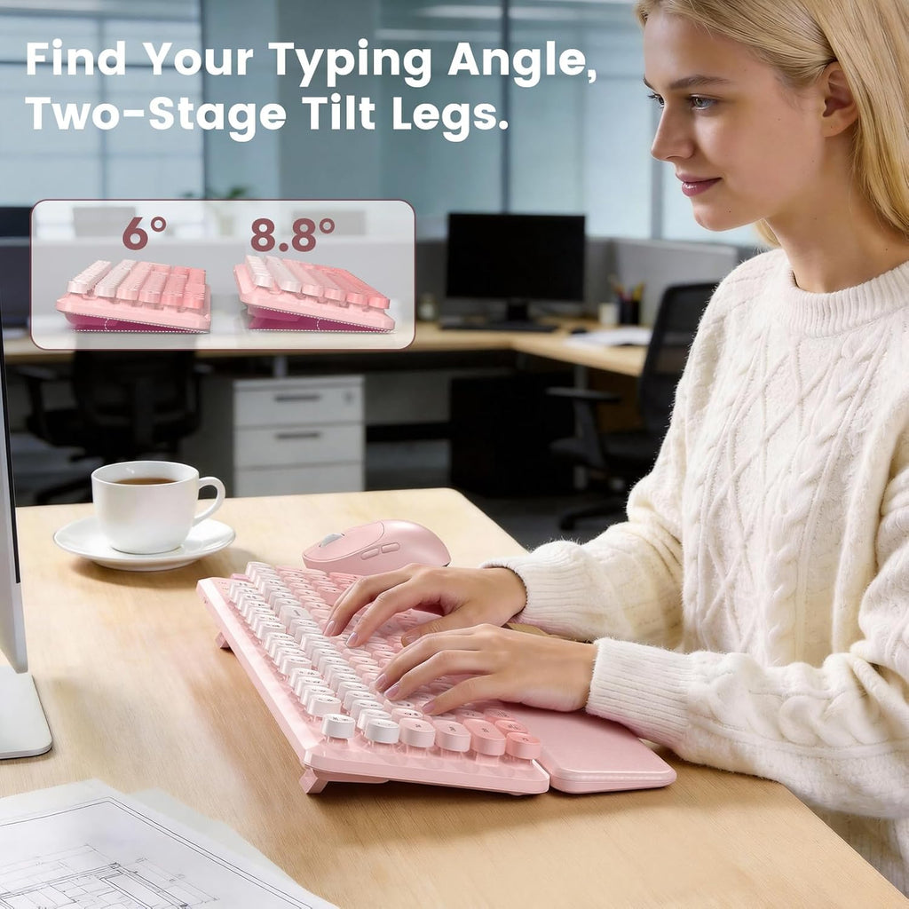 Wireless Keyboard and Mouse Combo, Magnetic Soft-Touch Wrist Rest, Pink | Round Keycaps, Full-Size Typewriter Style
