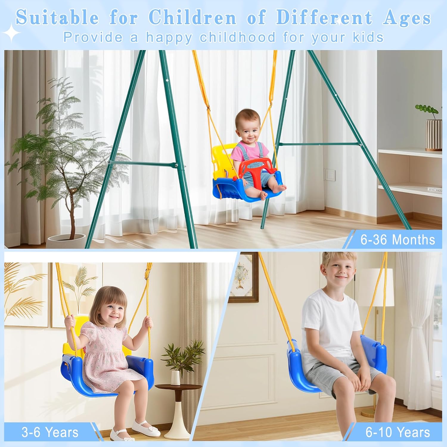 Toddler Swing Set, 4-in-1 Kids Swing Sets for Backyard, Indoor/Outdoor Baby Swing with Heavy Duty Metal Stand