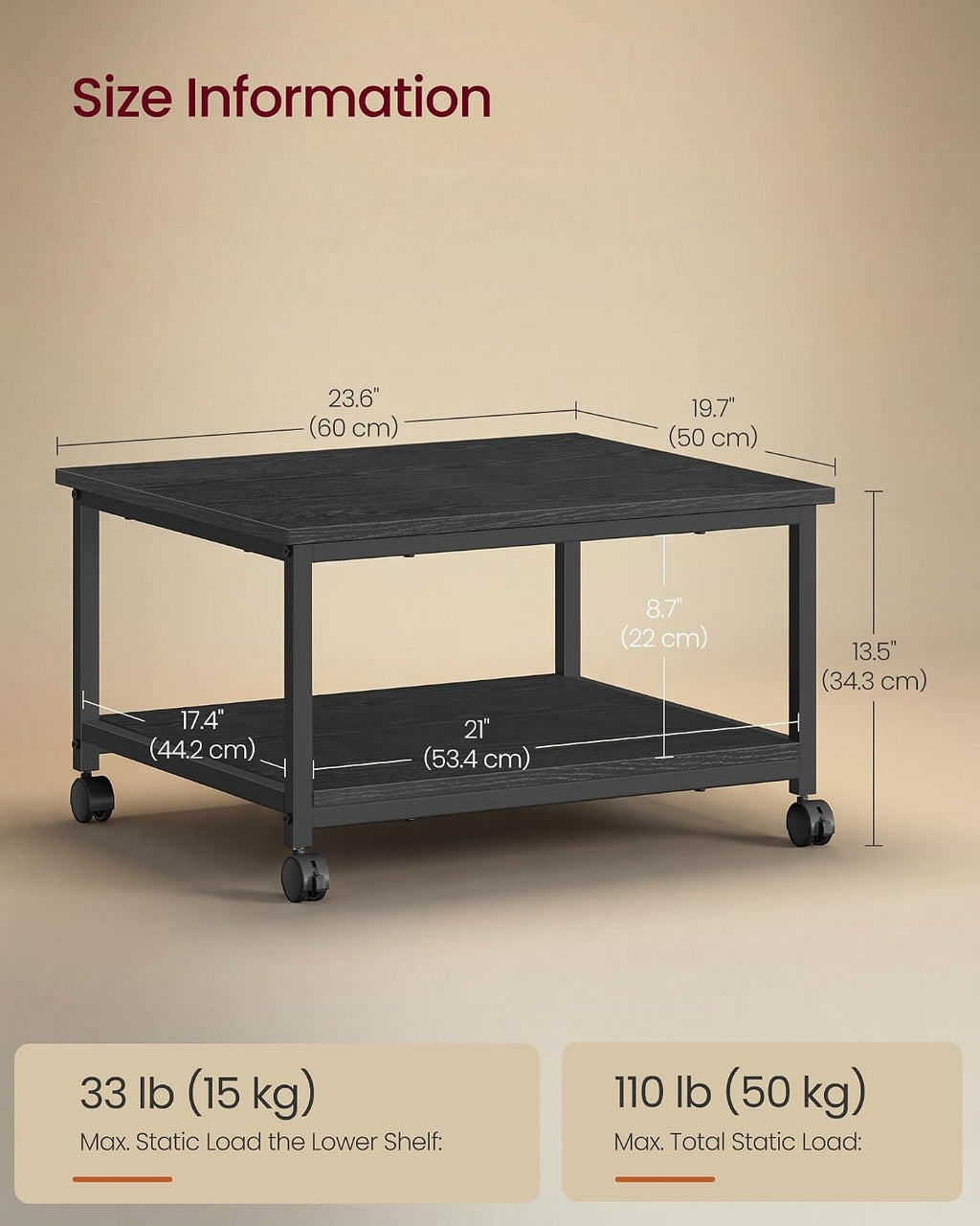 Printer Stand with Locking Wheels, Industrial Mobile Cart, Under Desk Printer Table for Home Office, 23.6 x 19.7 x