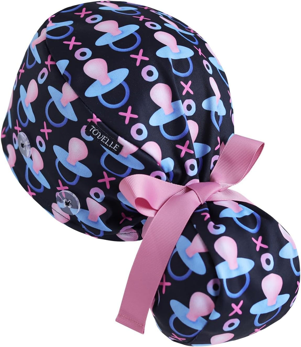 Scrub Caps Women Ponytail, Surgical Hat with Buttons and Sweatband