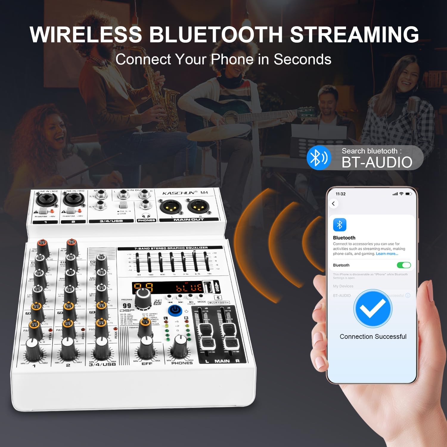 4-Channel Bluetooth Audio Mixer,Recording PC Mixer with XLR USB Interface | Mini Mixer Board with 99 DSP