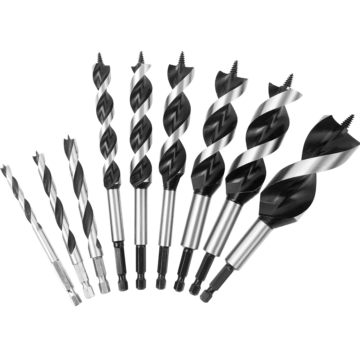 Auger Drill Bit Set for Wood, 9-Piece Alloy Steel | Hex Shank Wood Auger Bits with Screw Point for Hardwood