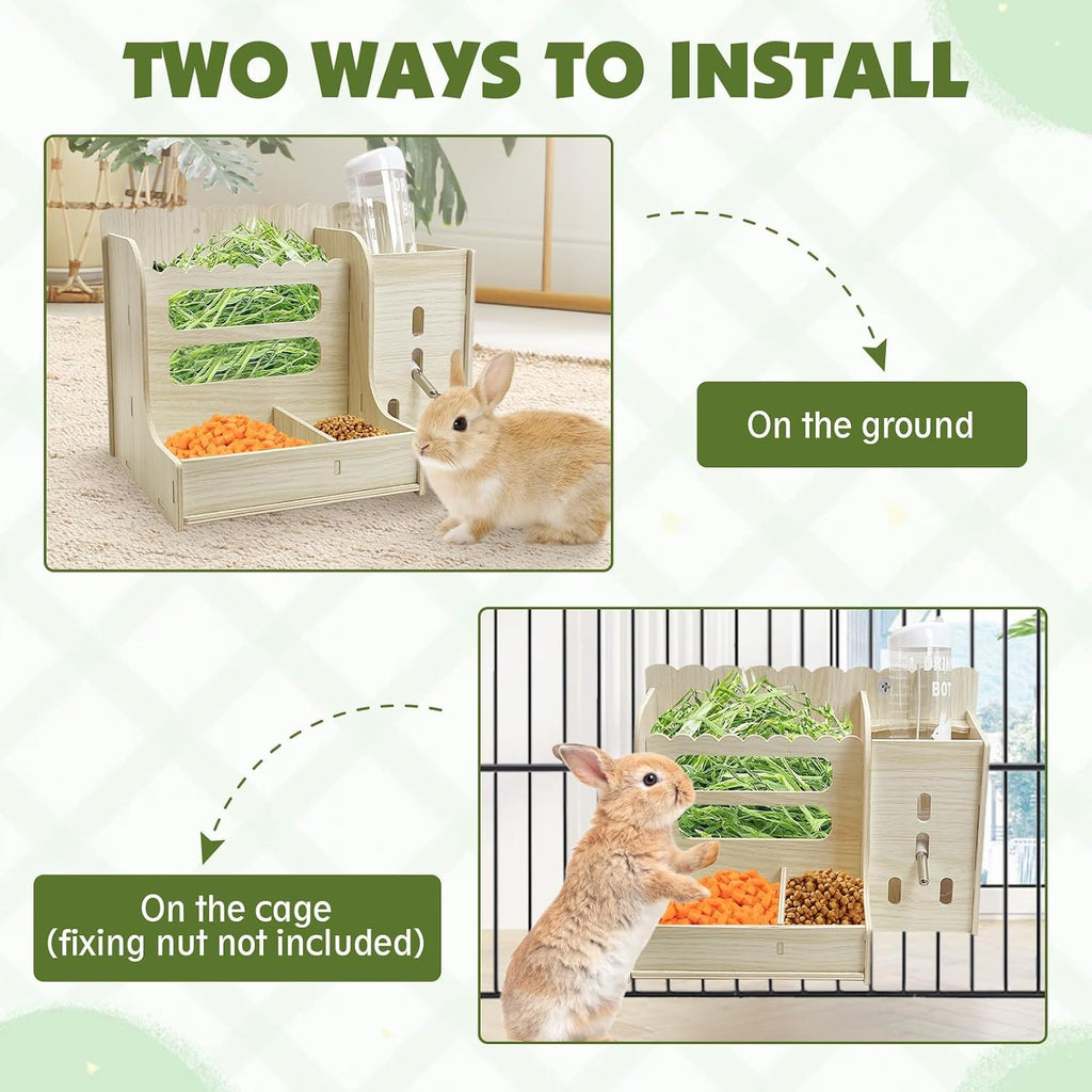 Rabbit Hay Feeder Guinea Pig Food Holder Bunny Wooden Food Bin Feeder with Water Bottle Small Animals Hay Manger Wood