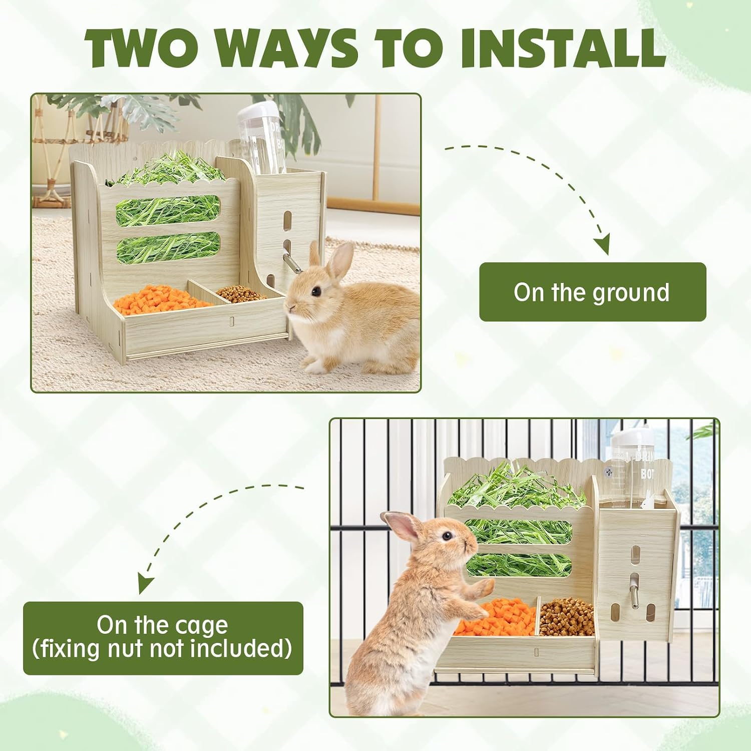 Rabbit Hay Feeder Guinea Pig Food Holder Bunny Wooden Food Bin Feeder with Water Bottle Small Animals Hay Manger Wood