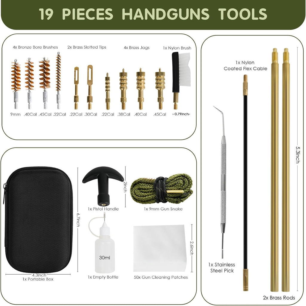 Universal Handgun Cleaning Kit for .22 .357/.38/9mm .40 .45 Cal | Gun Cleaning Supplies with 9mm Gun Snakes, Gun