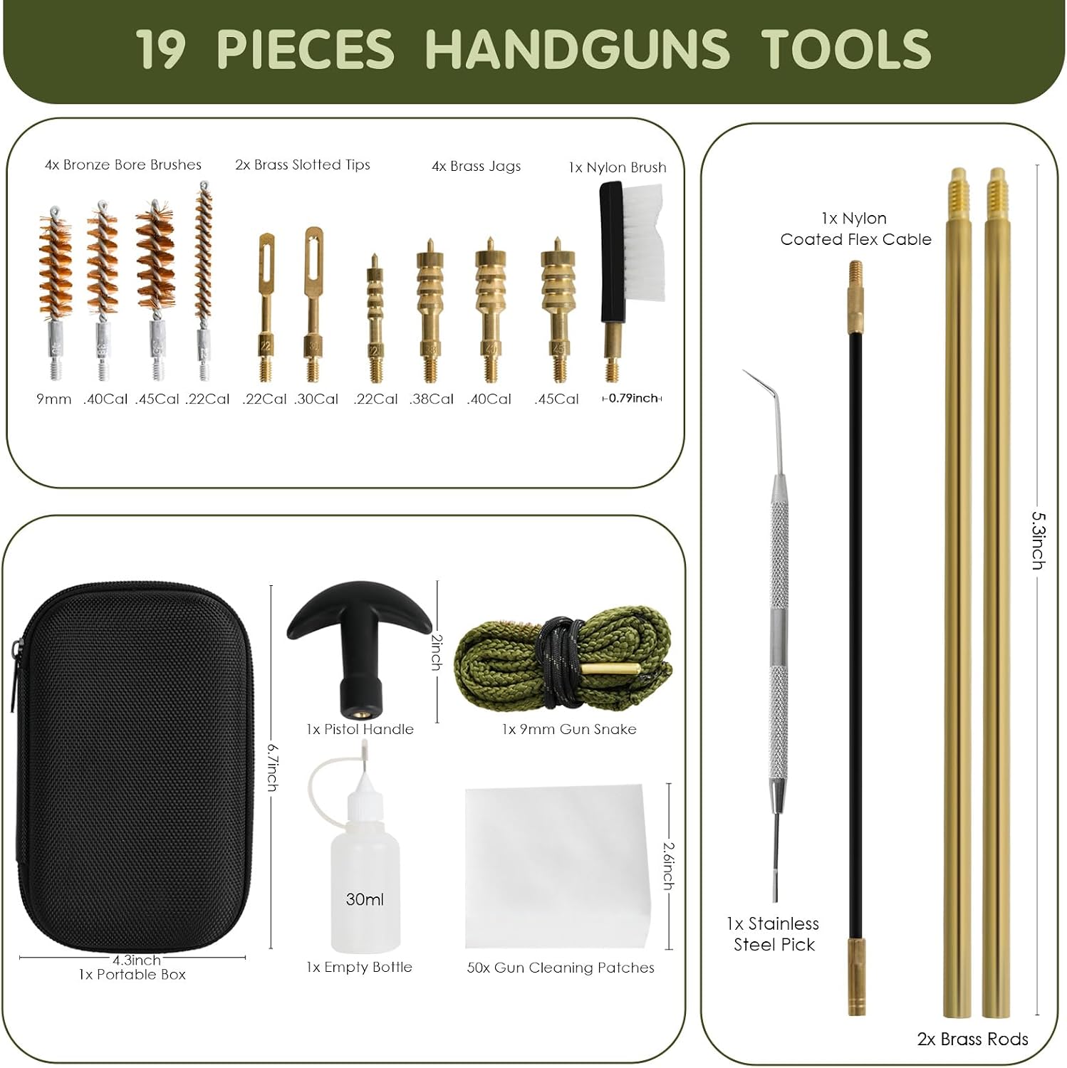 Universal Handgun Cleaning Kit for .22 .357/.38/9mm .40 .45 Cal | Gun Cleaning Supplies with 9mm Gun Snakes, Gun