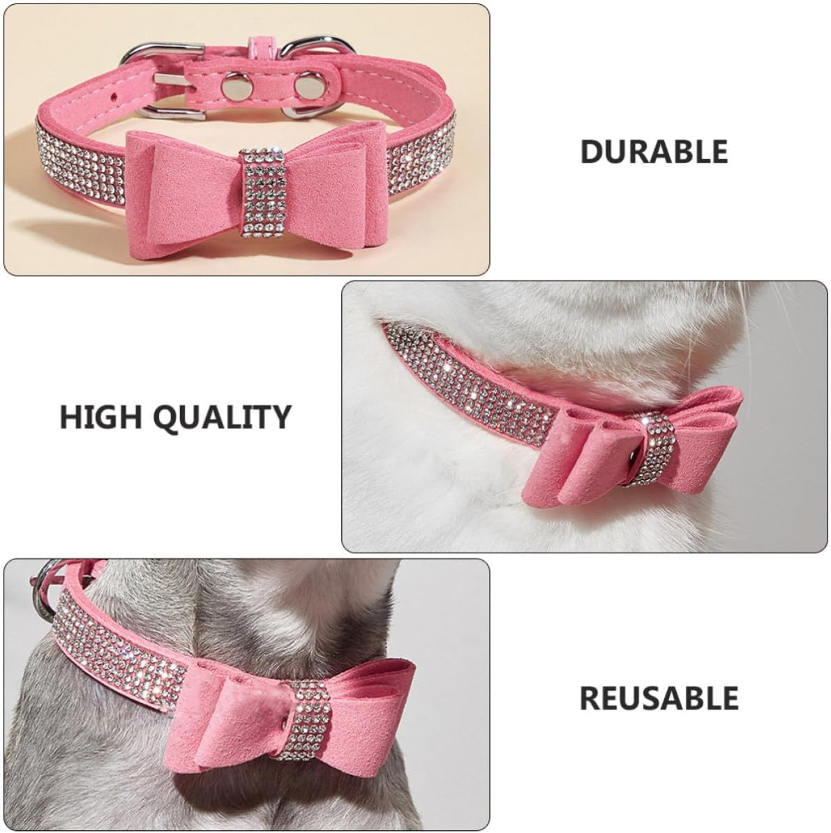Pink Rhinestone Bowknot PET Collar, Adjustable Microfiber Dog