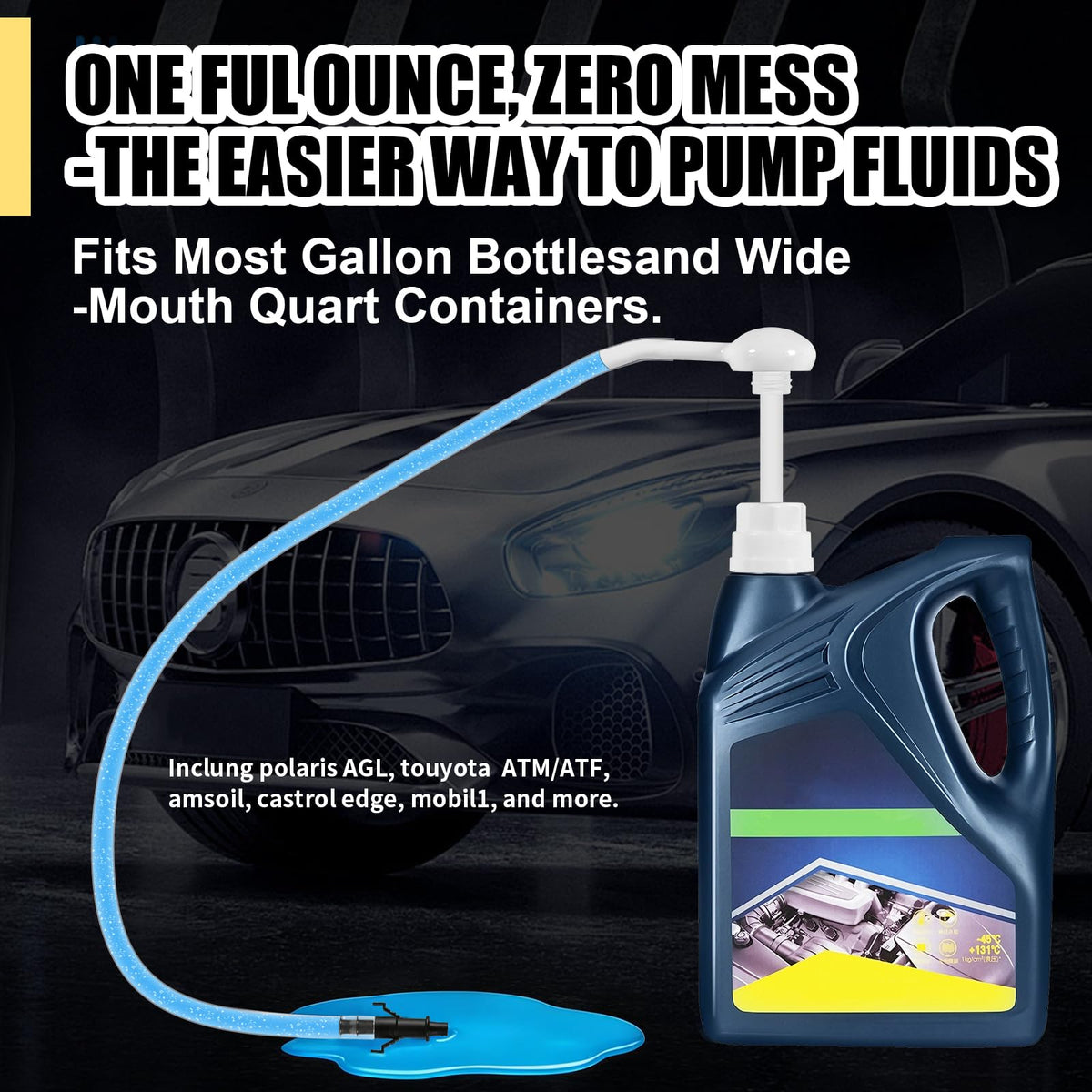 Fluid Pump for Gallon Bottles, 4 Size Cap Adapters (38/40/43/50mm) + Extension Tubes, Wide-Mouth Quart Compatible， Antifreeze with This 30cc Hand Pump(Not for Standard Quart)