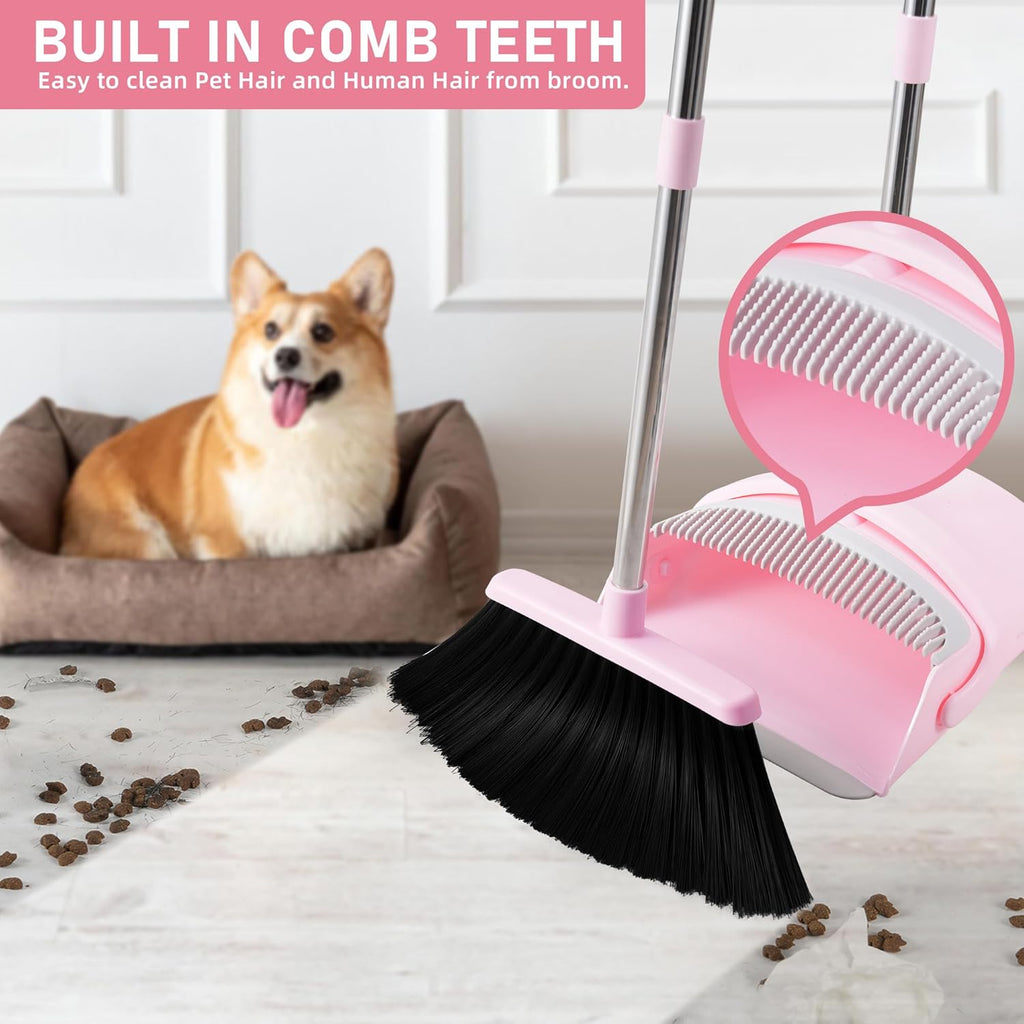 Broom and Dustpan Set for Home, 52” Long Handle Broom with Dustpan Combo Set with Dust Pan Teeth to Clean Hair