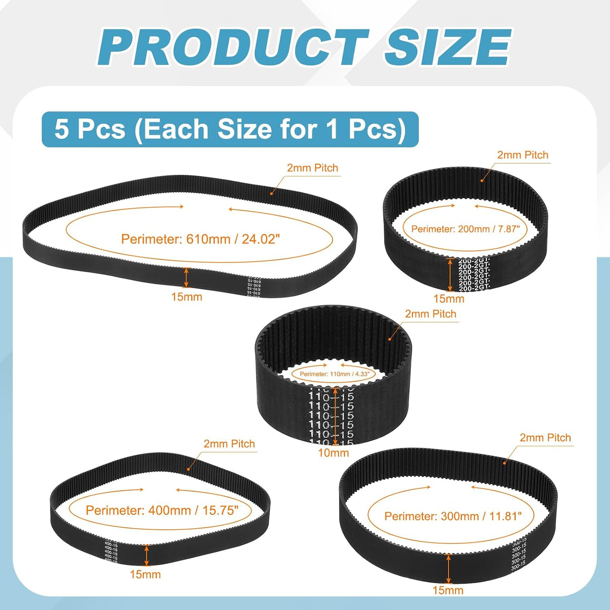 MECCANIXITY GT-2 Timing Belt 15mm Width 2mm Pitch Black 5pcs