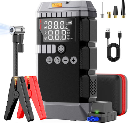 Portable Car Battery Jump Starter with Air Compressor, 6000A Car Battery Booster (All Gas/12L Diesel) with 45W Fast