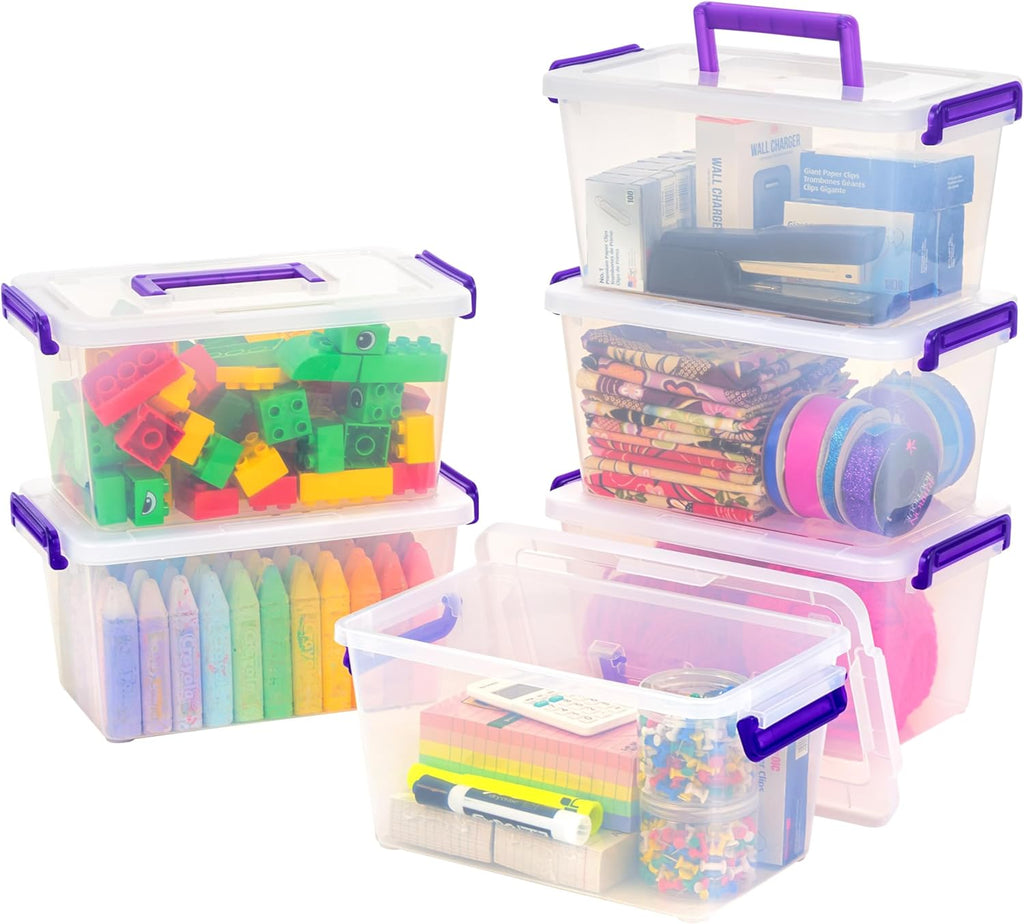 5 Qt. Plastic Craft Storage Container Bins with Lids, 6 Pack, Small Art & Office Supply Organizer Tote, Sensory Bins