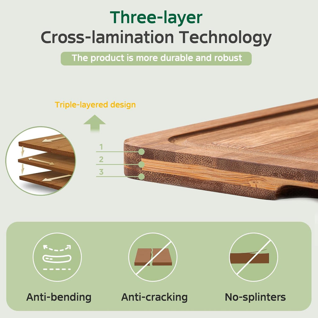 Bamboo Cutting Boards for Kitchen(Set of 3), Wood Cutting Board with Wood Storage Stand, Charcuterie & Chopping Board