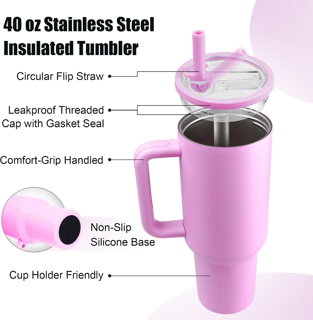40oz Insulated Tumbler with Handle & Straw, Lavender | Double-wall vacuum insulation and leakproof straw lid for