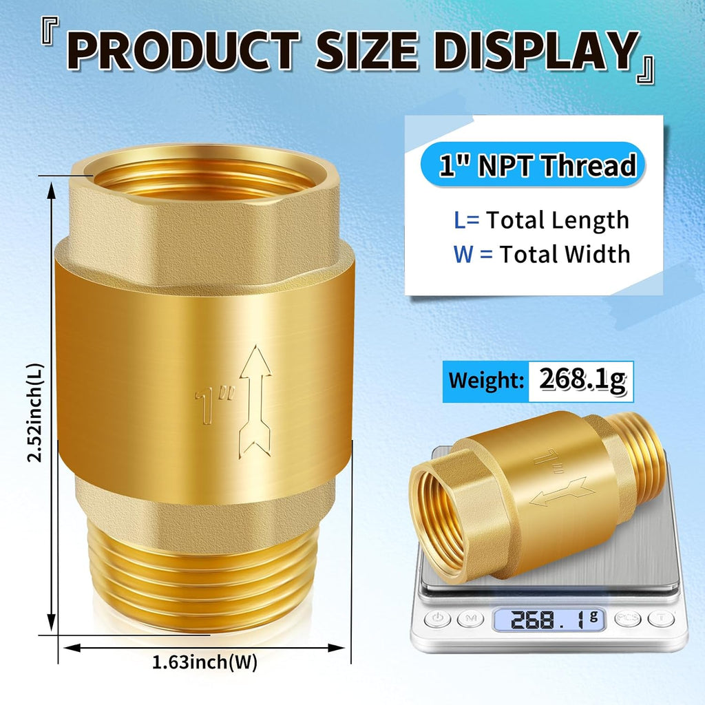 Boltigen 1" Brass Check Valve, NPT Spring One-Way Backflow Preventer
