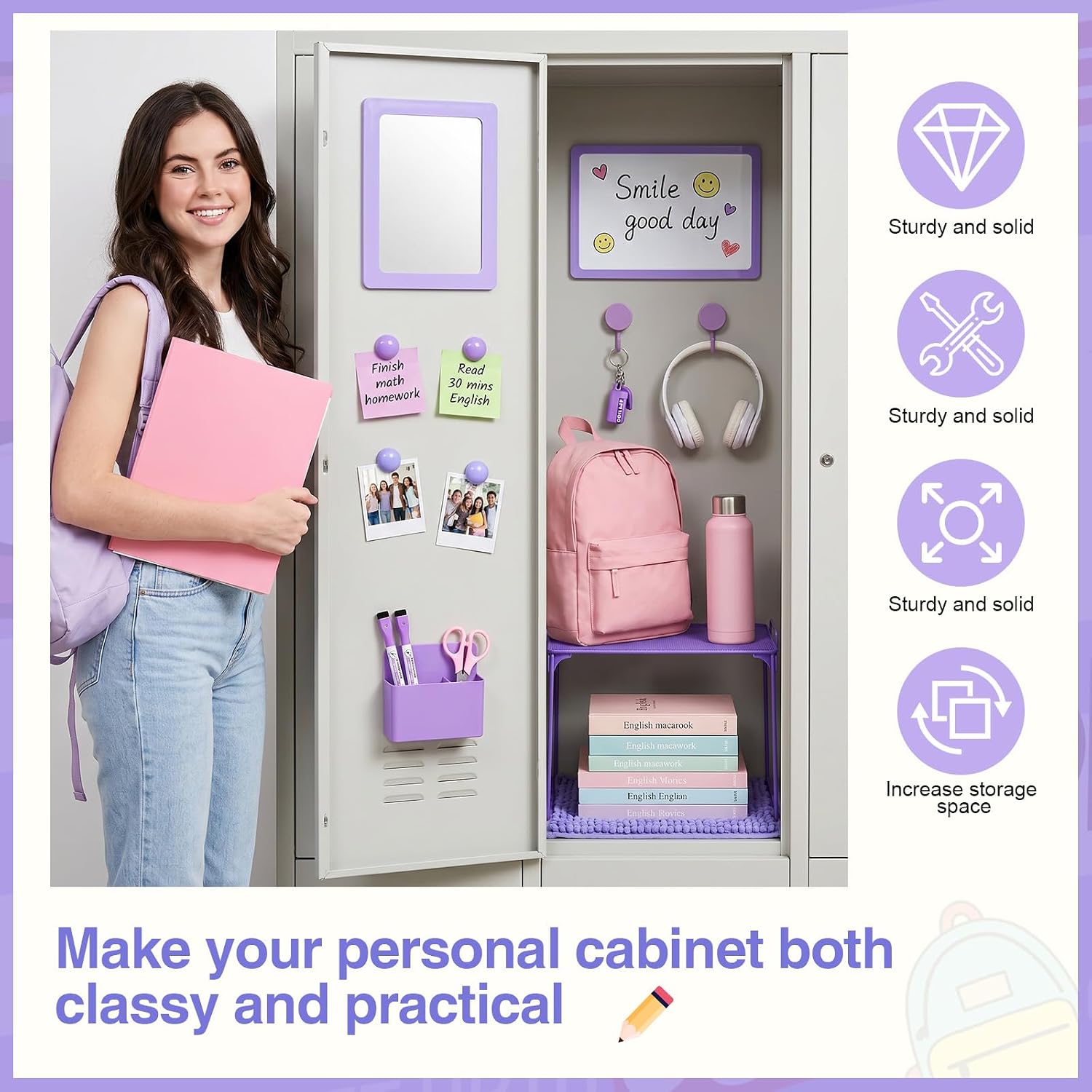 Purple Locker Organizer Accessories with Locker Shelf Whiteboard Mirror Pen Blanket Magnetic Pen Holder Hook Round