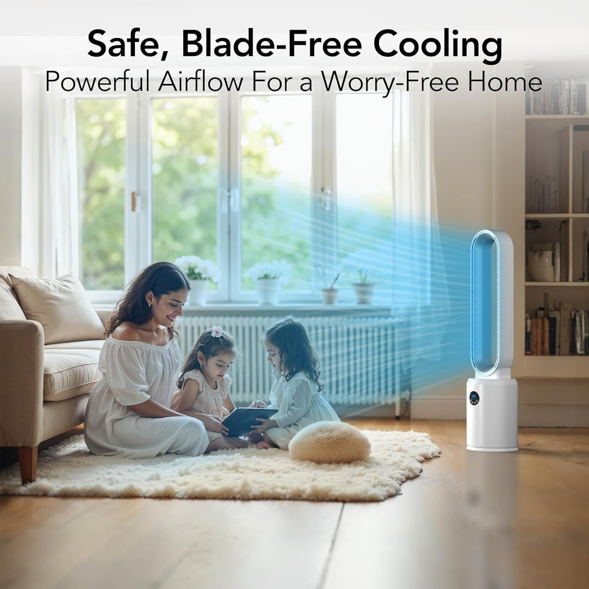 40" Bladeless Tower Fan for Bedroom with Remote Control, 9H Timer, Wide Area Oscillation, Push Button Digital