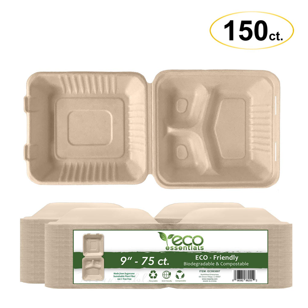 Biodegradable Bagasse/Eco-Friendly Sugar Cane Fibers Clamshell Take Out Food Containers, 9 x 9" 3-Compartment