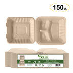Biodegradable Bagasse/Eco-Friendly Sugar Cane Fibers Clamshell Take Out Food Containers, 9 x 9" 3-Compartment