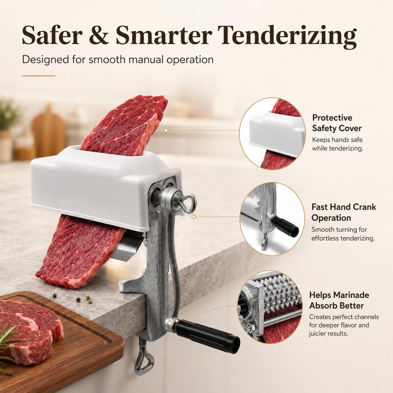 Manual Meat Tenderizer Cuber Tool, Heavy Duty Cast Iron Hand Crank Meat Tenderizer Machine with Protective Cover