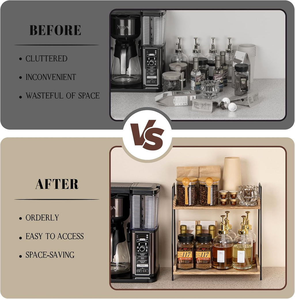 Countertop Coffee Station Organizer, 2 Tier Wooden Shelf