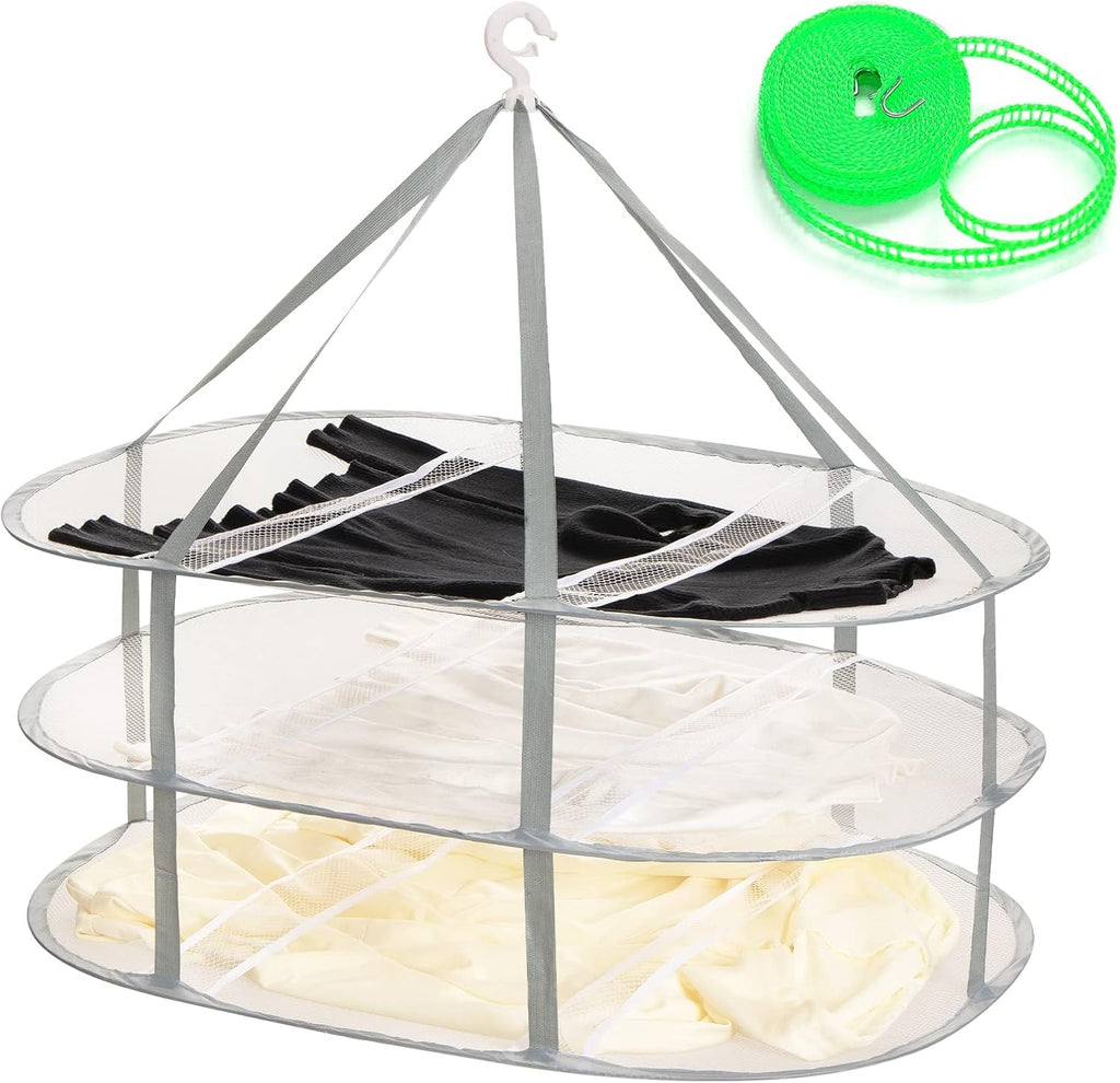 3-Tier Folding Mesh Clothes Hanging Dryer, Sweater Drying Rack, Large Laundry Drying Rack, Lay fold Flat Dry Hanger