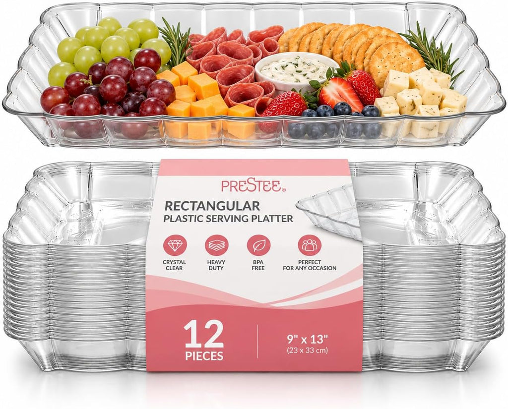 12-Pack Serving Tray - 9x13 Inches Disposable Rectangular Plastic Food Tray for Parties and Events - Clear Platters
