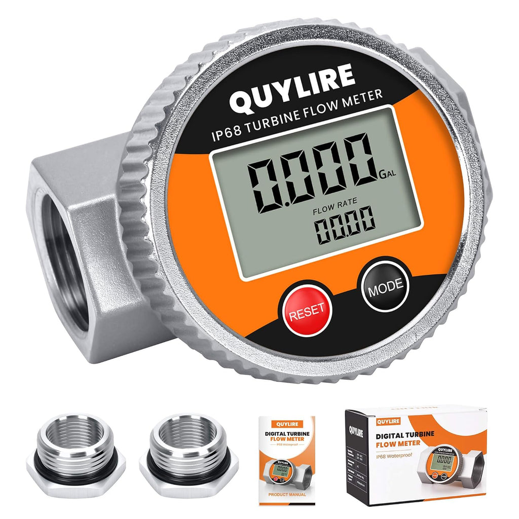 Waterproof 1" Fuel Flow Meter, 3/4" Adapters, Water/Diesel/Gasoline