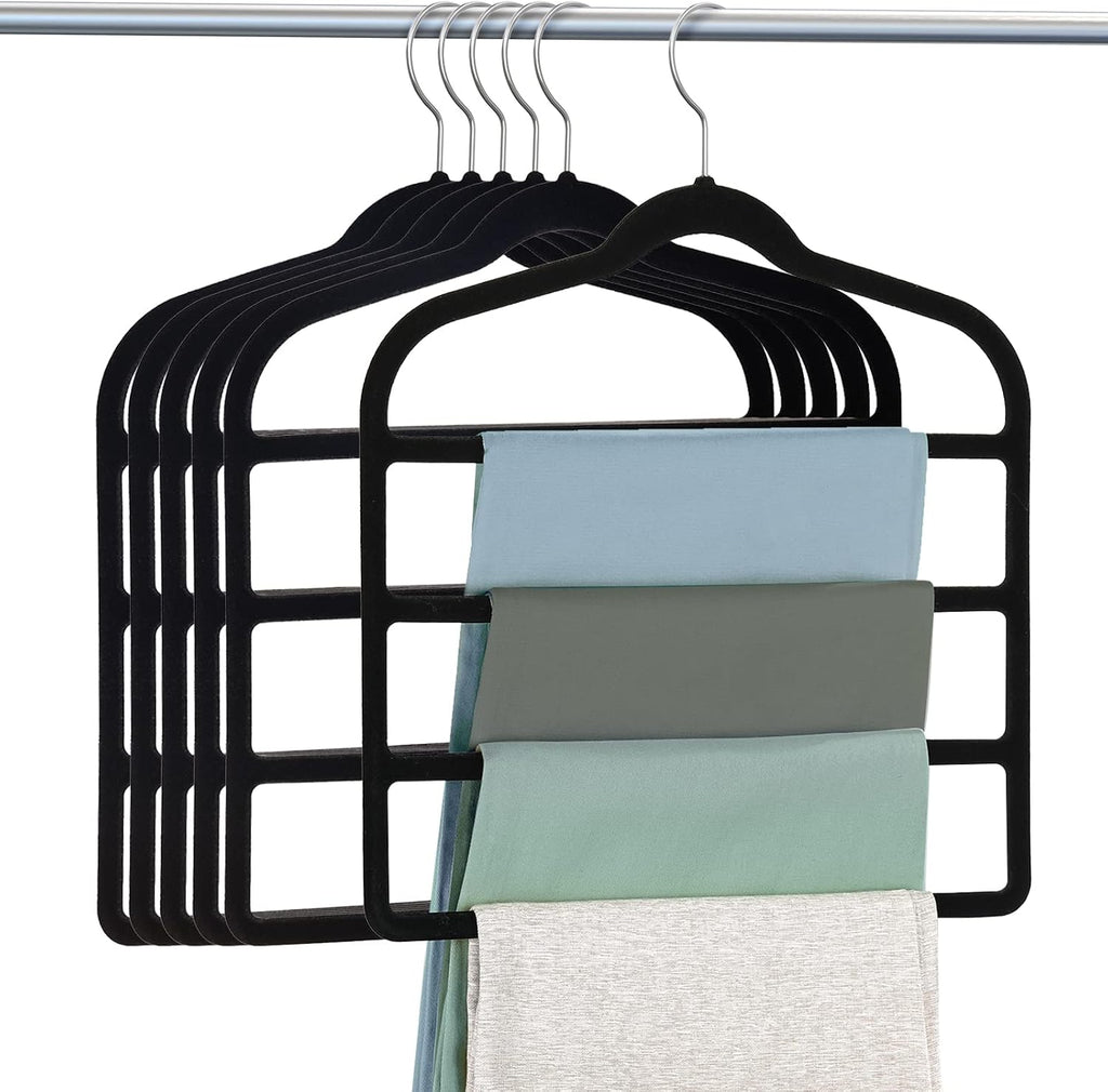 Velvet Hangers Space Saving Non Slip Pant Velvet Hangers Multi Layer Hanger | 6 Pack Black Clothes Hangers Closet